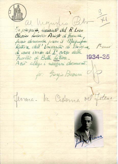 Domanda di immatricolazione di Giorgio Bassani all'Universit&agrave; di Bologna